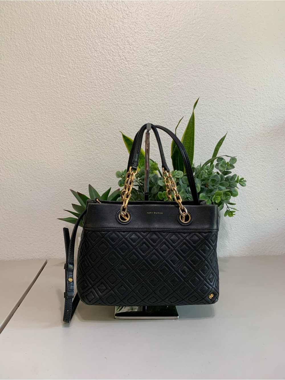 👜💕 Tory Burch Black Quilted Satchel with Gold Chain Handles